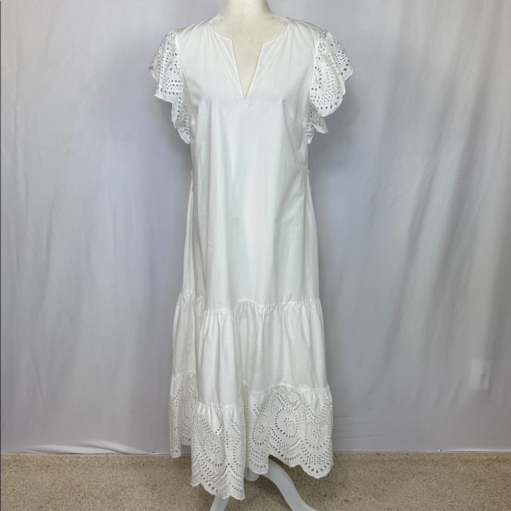 Rails Gia White Midi Dress Medium Eyelet Tiered‎ Flutter Sleeve NO BELT NWOT - Picture 6 of 15
